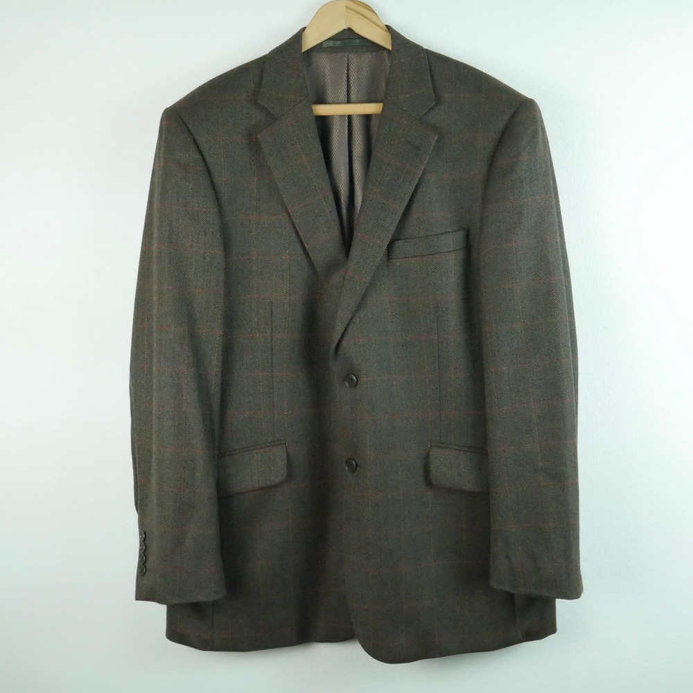 Brook Taverner 42R Wool Blazer Tweed Olive Green Herringbone Windowpane Jacket